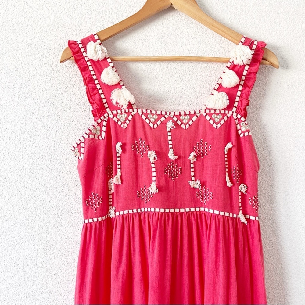 Ranna Gill Pink Tassel Boho Tiered Summer Cottagecore Embroidered Midi Dress - Picture 3 of 9
